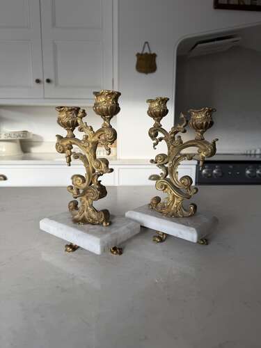 Beautiful Pair of Antique Gilt Bronze Candlesticks on Marble Stands