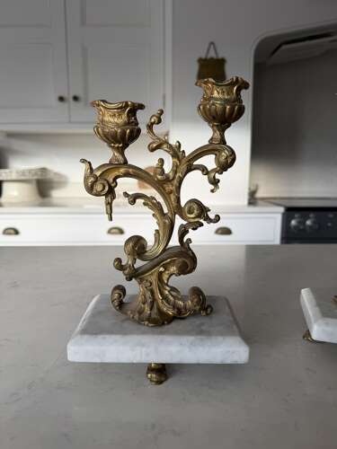Beautiful Pair of Antique Gilt Bronze Candlesticks on Marble Stands