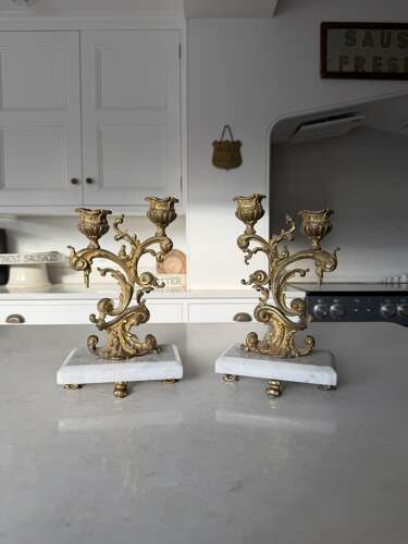 Beautiful Pair of Antique Gilt Bronze Candlesticks on Marble Stands