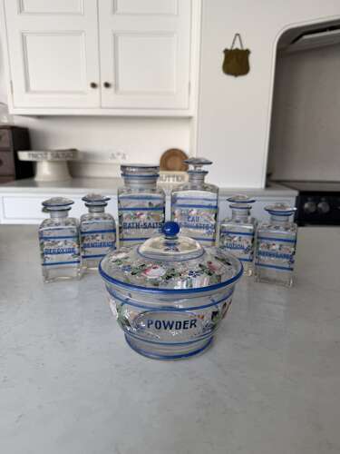 Edwardian Full Set of Enamelled Glass Bathroom Jars