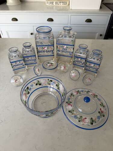 Edwardian Full Set of Enamelled Glass Bathroom Jars