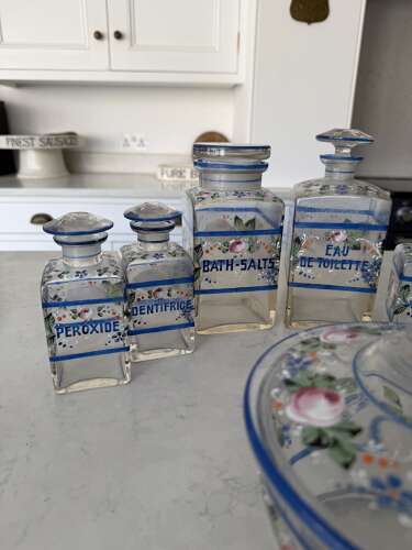 Edwardian Full Set of Enamelled Glass Bathroom Jars
