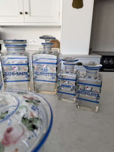Edwardian Full Set of Enamelled Glass Bathroom Jars