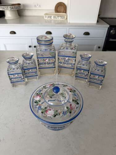Edwardian Full Set of Enamelled Glass Bathroom Jars