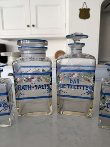 Edwardian Full Set of Enamelled Glass Bathroom Jars
