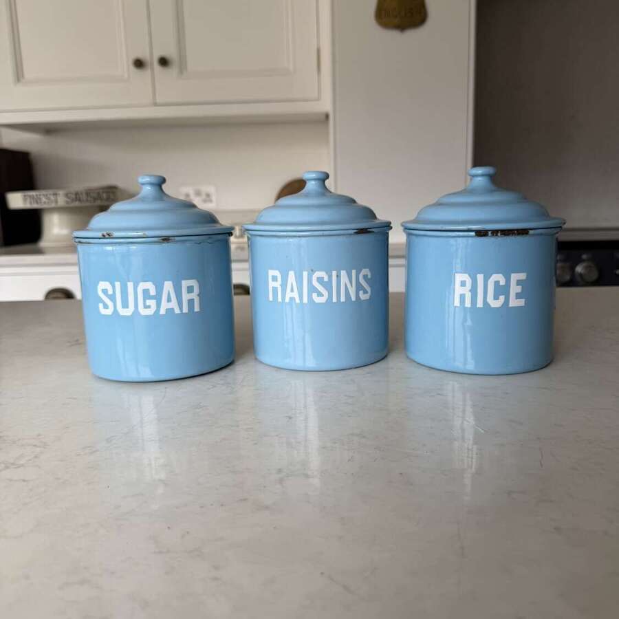 Individually For Sale - 1930s White on Blue Enamel Kitchen Storage Jars.