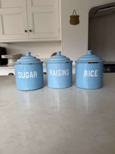 Individually For Sale - 1930s White on Blue Enamel Kitchen Storage Jars.