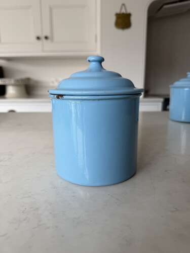 Individually For Sale - 1930s White on Blue Enamel Kitchen Storage Jars.