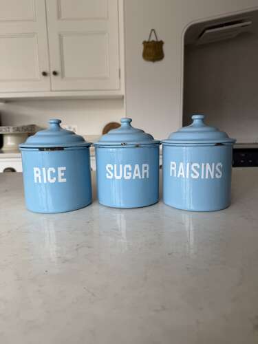 Individually For Sale - 1930s White on Blue Enamel Kitchen Storage Jars.