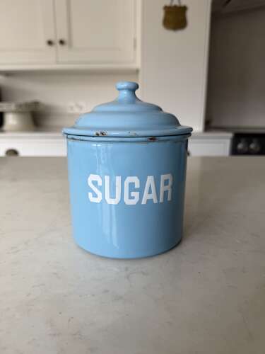 Individually For Sale - 1930s White on Blue Enamel Kitchen Storage Jars.
