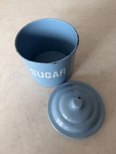 Individually For Sale - 1930s White on Blue Enamel Kitchen Storage Jars.