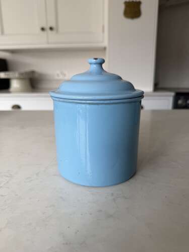 Individually For Sale - 1930s White on Blue Enamel Kitchen Storage Jars.