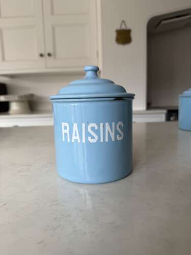Individually For Sale - 1930s White on Blue Enamel Kitchen Storage Jars.