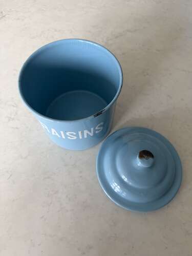 Individually For Sale - 1930s White on Blue Enamel Kitchen Storage Jars.