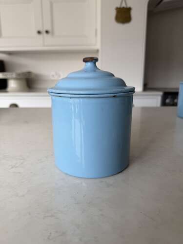 Individually For Sale - 1930s White on Blue Enamel Kitchen Storage Jars.