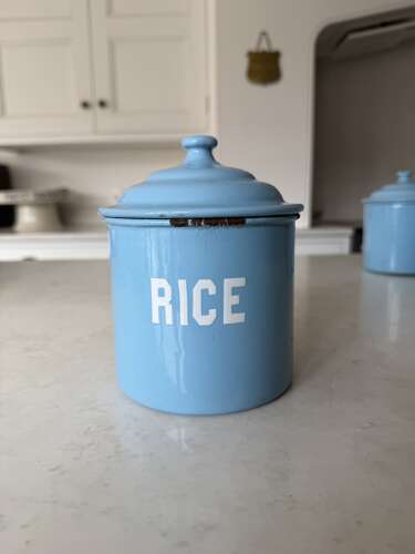 Individually For Sale - 1930s White on Blue Enamel Kitchen Storage Jars.
