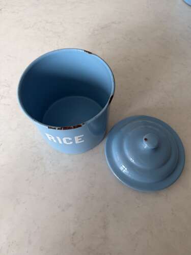 Individually For Sale - 1930s White on Blue Enamel Kitchen Storage Jars.