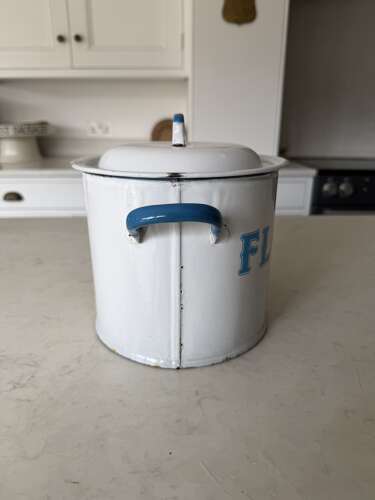 1930s Blue on White Enamel Flour Bin - Great Useable  Size