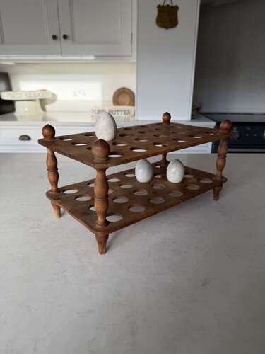 Superb Large Victorian Treen Two Tier Egg Rack - Turned Column Suports -Holds 4 Dozen Eggs