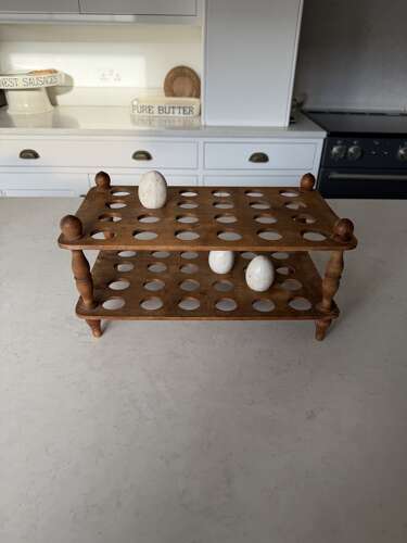 Superb Large Victorian Treen Two Tier Egg Rack - Turned Column Suports -Holds 4 Dozen Eggs