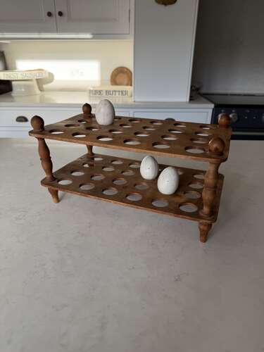 Superb Large Victorian Treen Two Tier Egg Rack - Turned Column Suports -Holds 4 Dozen Eggs