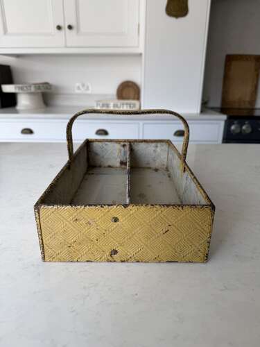 Early 20th Century Toleware Cutlery Tray. Embossed Basket Weave Pattern & Original Paint
