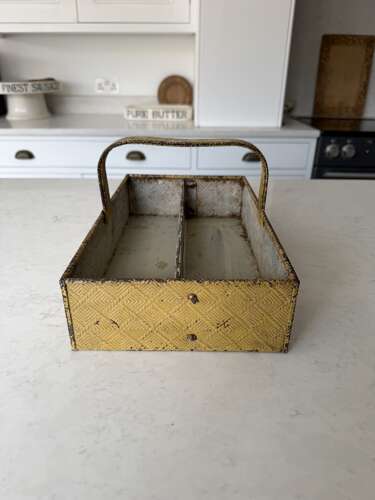 Early 20th Century Toleware Cutlery Tray. Embossed Basket Weave Pattern & Original Paint