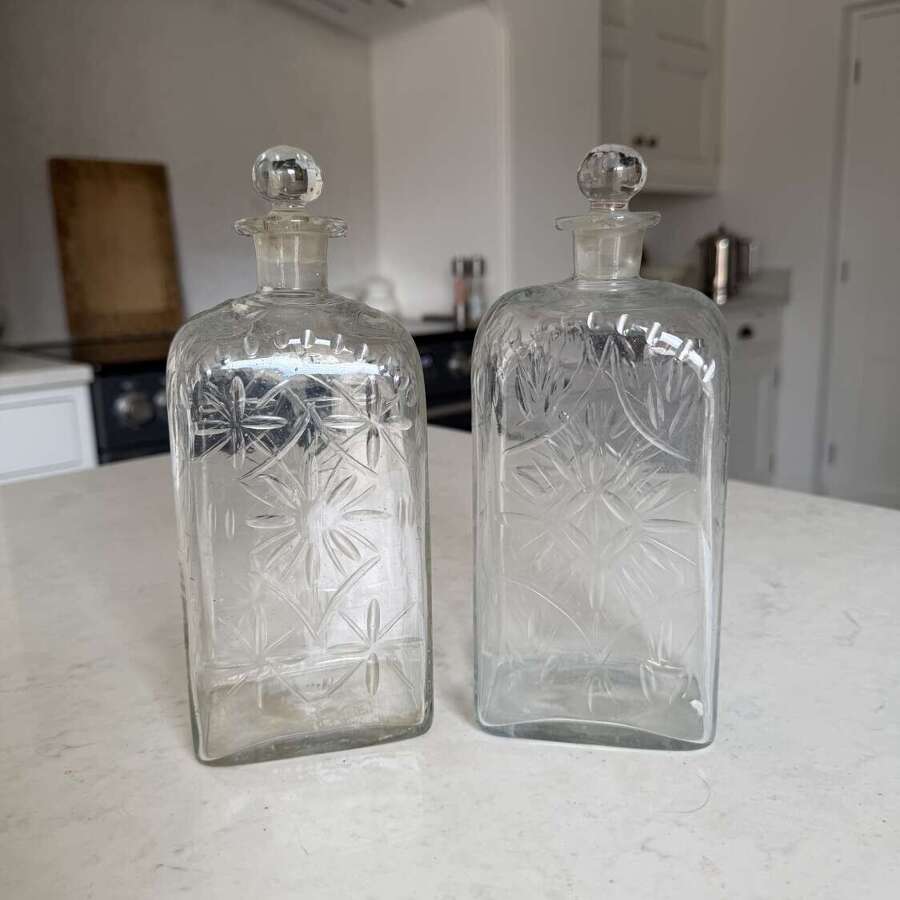 Pair of Victorian c1840 Hand Blown Etched Glass Decanters with Original Stoppers