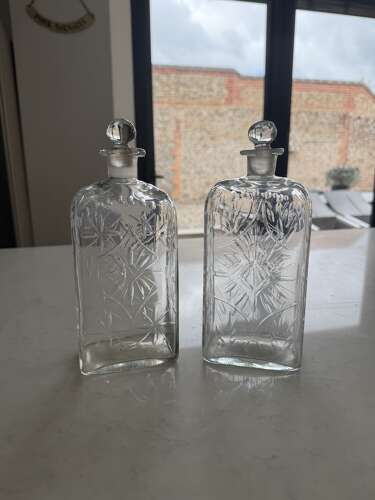 Pair of Victorian c1840 Hand Blown Etched Glass Decanters with Original Stoppers