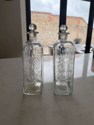Pair of Victorian c1840 Hand Blown Etched Glass Decanters with Original Stoppers