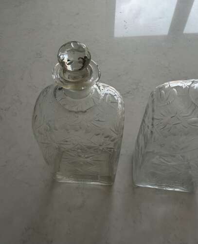 Pair of Victorian c1840 Hand Blown Etched Glass Decanters with Original Stoppers