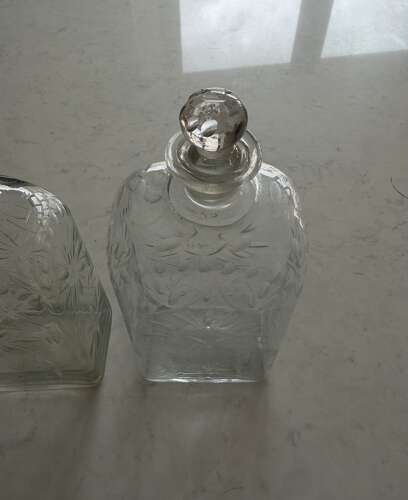 Pair of Victorian c1840 Hand Blown Etched Glass Decanters with Original Stoppers