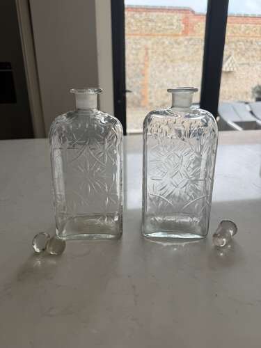 Pair of Victorian c1840 Hand Blown Etched Glass Decanters with Original Stoppers