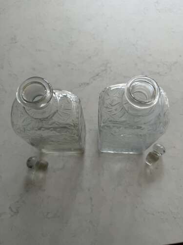 Pair of Victorian c1840 Hand Blown Etched Glass Decanters with Original Stoppers