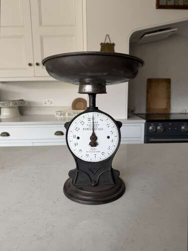 Edwardian Cast Iron Upright Salters Family Scales with Rare White Enamel Face
