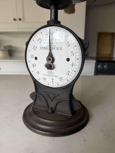 Edwardian Cast Iron Upright Salters Family Scales with Rare White Enamel Face